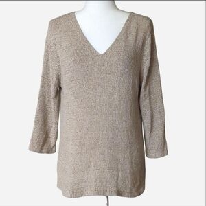 August Silk Beige Knit V-Neck Sweater  Minimalist Neutral Pullover Size Large